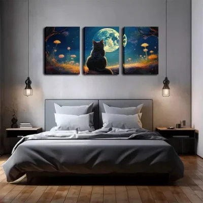 3pcs Lucky Cat Gazing at the Moon, Wall Art Set Canvas Framed 40x60cm - High Quality Print 100% Australian Made Wall Canvas Ready to Hang