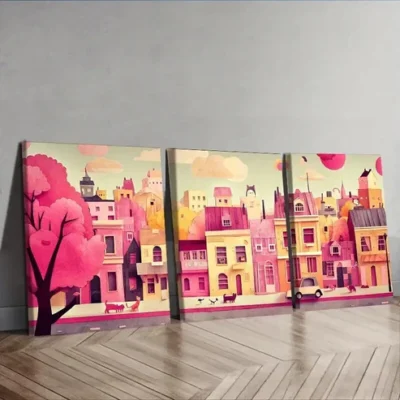 3pcs City with Cats and Dogs, Wall Art Set Canvas Framed 50x70cm - High Quality Print 100% Australian Made Wall Canvas Ready to Hang