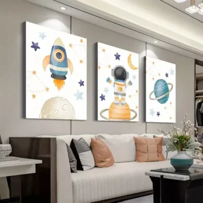 3pcs Cartoon Astronaut and Planets Canvas Framed 50x70cm - High Quality Print 100% Australian Made Wall Canvas Ready to Hang