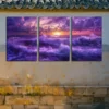 3pcs Purple Ocean Under The Setting Sun Canvas Framed 50x70cm- High Quality Print 100% Australian Made Wall Canvas Ready to Hang - Image 3