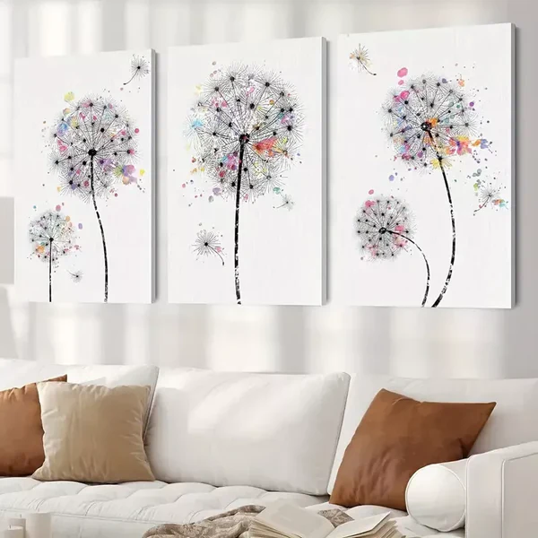 3pcs Dandelions & Watercolor Dots Floral Wilderness Drawings Canvas Framed 50x70cm- High Quality Print 100% Australian Made Wall Canvas Ready to Hang