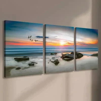 3pcs Sunset Beach Seascape with Birds Canvas Framed 50x70cm- High Quality Print 100% Australian Made Wall Canvas Ready to Hang