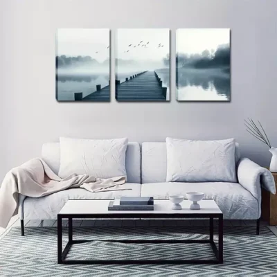 3pcs Serene Misty River Scene with Birds Wall Art Set Canvas Framed 40x60cm - High Quality Print 100% Australian Made Wall Canvas Ready to Hang