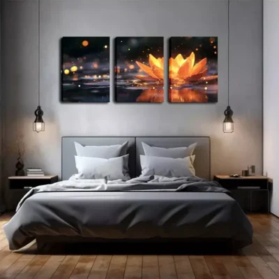 3pcs Lotus Flowers Emitting Yellow Light Wall Art Set Canvas Framed 40x60cm - High Quality Print 100% Australian Made Wall Canvas Ready to Hang