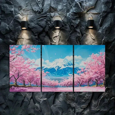 3pcs Japanese Mount Fuji Scenery, Cherry Tree Canvas Framed 50x70cm - High Quality Print 100% Australian Made Wall Canvas Ready to Hang