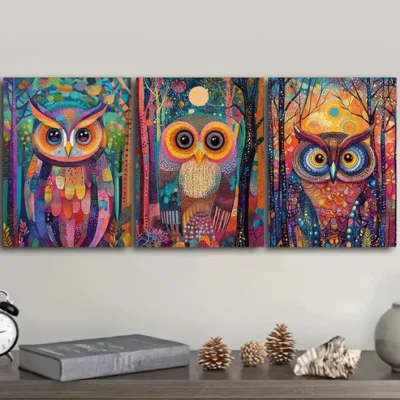 3pcs Owl, Psychedelic (7) Wall Art Set Canvas Framed 40x60cm - High Quality Print 100% Australian Made Wall Canvas Ready to Hang