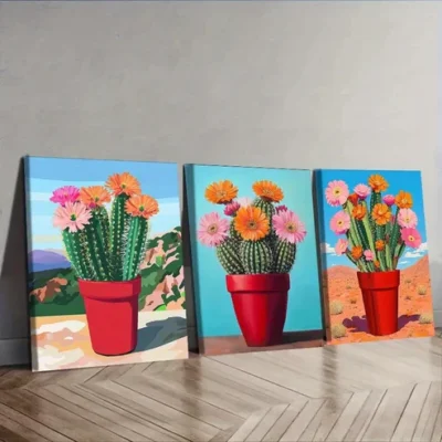 3pcs Cactus Plant Art Poster Blue Sky Wall Art Set Canvas Framed 40x60cm - High Quality Print 100% Australian Made Wall Canvas Ready to Hang