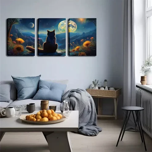 3pcs Black Cat Back, Moon, Wall Art Set Canvas Framed 40x60cm – High Quality Print 100% Australian Made Wall Canvas Ready to Hang