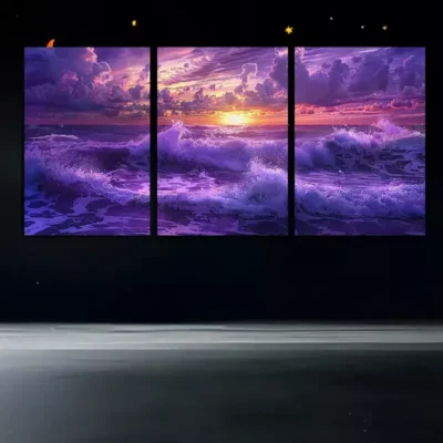 3pcs Purple Ocean Under The Setting Sun Canvas Framed 50x70cm- High Quality Print 100% Australian Made Wall Canvas Ready to Hang