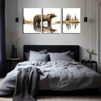 3pcs Bear Standing on The Lake Wall Art Set Canvas Framed 40x60cm - High Quality Print 100% Australian Made Wall Canvas Ready to Hang