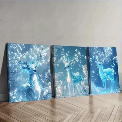 3pcs A deer with ice-blue Wall Art Set Canvas Framed 50x70cm - High Quality Print 100% Australian Made Wall Canvas Ready to Hang