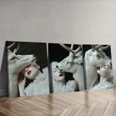 3pcs White Deer, girl Wall Art Set Canvas Framed 50x70cm - High Quality Print 100% Australian Made Wall Canvas Ready to Hang