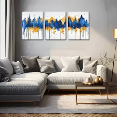 3pcs Vibrant Blue & Golden Tree Design Wall Art Set Canvas Framed 40x60cm - High Quality Print 100% Australian Made Wall Canvas Ready to Hang