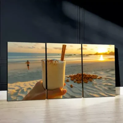 3pc Sunset Beach Scene with Drink and Vanilla Beans Wall Art Set Canvas Framed 50x70cm - High Quality Print 100% Australian Made Wall Canvas Ready to Hang
