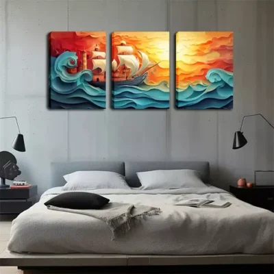 3pcs Decorations, Waves And Sailboats Wall Art Set Canvas Framed 40x60cm - High Quality Print 100% Australian Made Wall Canvas Ready to Hang