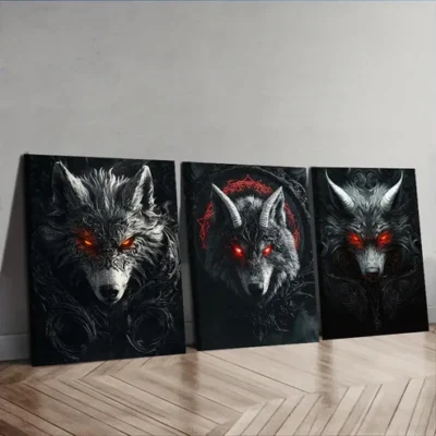 3pcs Fierce Red-Eyed Wolf Wall Art Canvas Wall Art Set Canvas Framed 50x70cm - High Quality Print 100% Australian Made Wall Canvas Ready to Hang