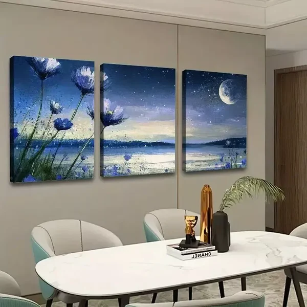 3pcs Flowers Moon Scenery Canvas Framed 50x70cm- High Quality Print 100% Australian Made Wall Canvas Ready to Hang