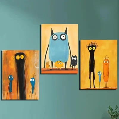 3pcs Owls, Aliens & Friends, Modern & Playful Wall Art Set Canvas Framed 40x60cm - High Quality Print 100% Australian Made Wall Canvas Ready to Hang