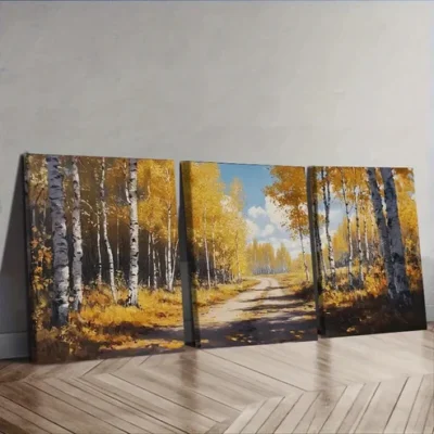 3pcs Birch forest in autumn Painting Wall Art Set Canvas Framed 40x60cm - High Quality Print 100% Australian Made Wall Canvas Ready to Hang