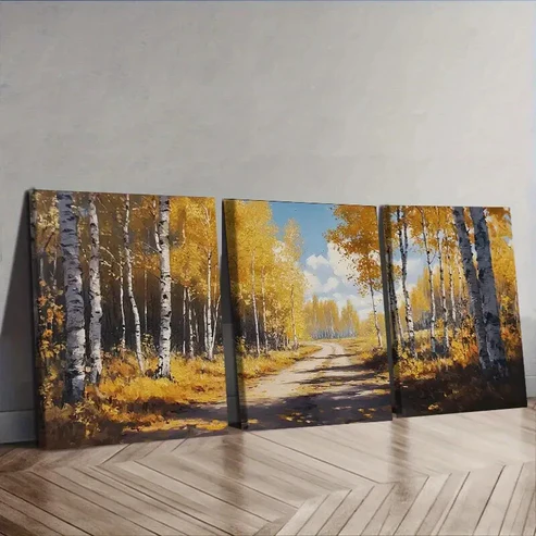 3pcs Birch forest in autumn Painting Wall Art Set Canvas Framed 40x60cm – High Quality Print 100% Australian Made Wall Canvas Ready to Hang