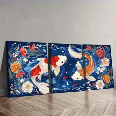 3pcs Red and White Koi Fish with Vibrant Floral Wall Art Set Canvas Framed 50x70cm - High Quality Print 100% Australian Made Wall Canvas Ready to Hang