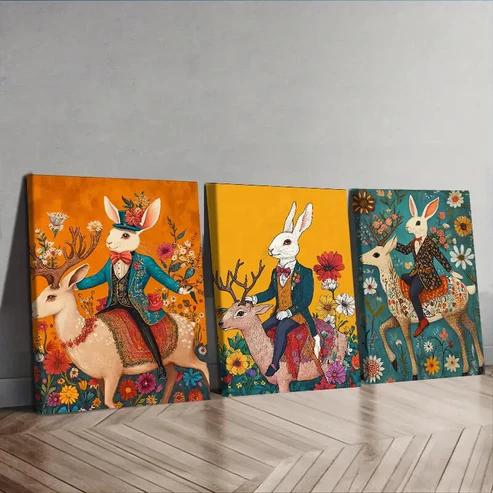 3pcs Mr. Rabbit, Floral Background Wall Art Set Canvas Framed 40x60cm – High Quality Print 100% Australian Made Wall Canvas Ready to Hang