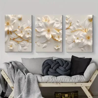 3pcs White Floral Paper Art with Golden Canvas Framed 50x70cm- High Quality Print 100% Australian Made Wall Canvas Ready to Hang