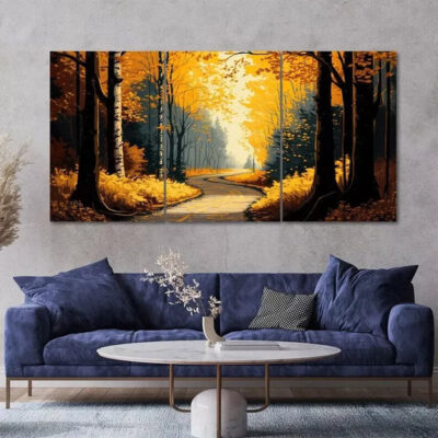 3 Pcs Yellow Forest Pathway Painting Style Canvas Framed 50x70cm- High Quality Print 100% Australian Made Wall Canvas Ready to Hang