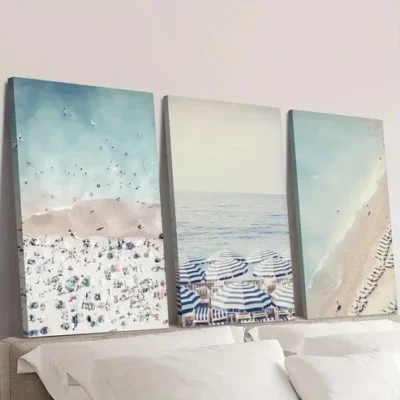 3pcs Beach Umbrellas, Blue And White Wall Art Set Canvas Framed 40x60cm - High Quality Print 100% Australian Made Wall Canvas Ready to Hang