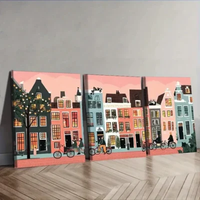3pcs Beautiful Fairytale Town, Wall Art Set Canvas Framed 40x60cm - High Quality Print 100% Australian Made Wall Canvas Ready to Hang