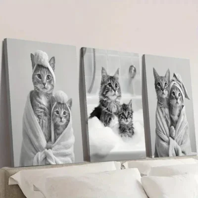 3pcs Adorable Black and White Cat Wall Art Set Canvas Framed 50x70cm - High Quality Print 100% Australian Made Wall Canvas Ready to Hang