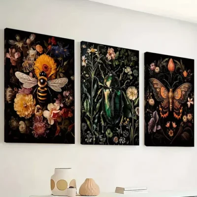 3pcs Featuring Insect Overhead Floral Colorful Wall Art Set Canvas Framed 40x60cm - High Quality Print 100% Australian Made Wall Canvas Ready to Hang