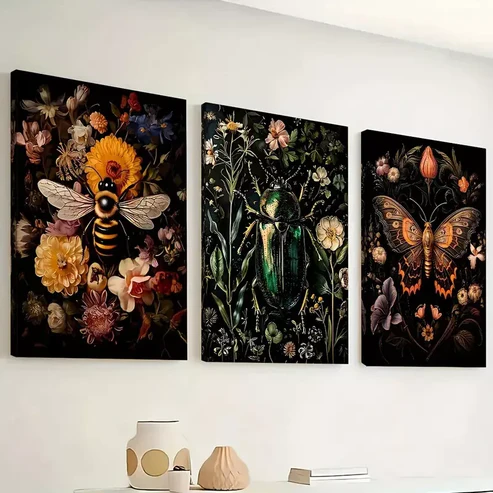3pcs Featuring Insect Overhead Floral Colorful Wall Art Set Canvas Framed 40x60cm – High Quality Print 100% Australian Made Wall Canvas Ready to Hang