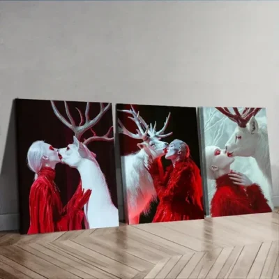 3pcs White Deer, girl (4)Wall Art Set Canvas Framed 50x70cm - High Quality Print 100% Australian Made Wall Canvas Ready to Hang