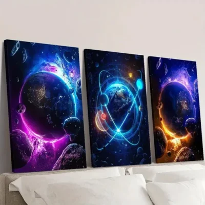 3pcs Outer Space & Sci-Fi Fantasy Planets Wall Art Set Canvas Framed 40x60cm - High Quality Print 100% Australian Made Wall Canvas Ready to Hang
