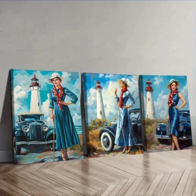 3pcsThe girl by the old car Wall Art Set Canvas Framed 50x70cm - High Quality Print 100% Australian Made Wall Canvas Ready to Hang