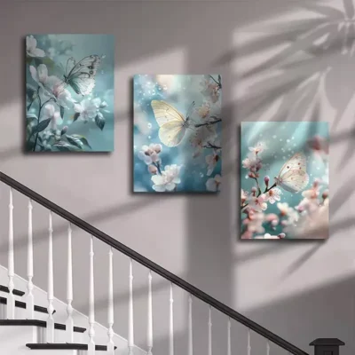 3pcs Butterfly and Floral Canvas Framed 50x70cm- High Quality Print 100% Australian Made Wall Canvas Ready to Hang