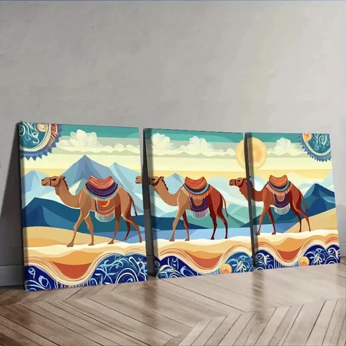 3pcs A Caravan of Camels, Wall Art Set Canvas Framed 50x70cm – High Quality Print 100% Australian Made Wall Canvas Ready to Hang