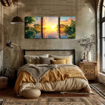 3pcs Oil On Canvas, Lake And Sunrise Wall Art Set Canvas Framed 40x60cm - High Quality Print 100% Australian Made Wall Canvas Ready to Hang
