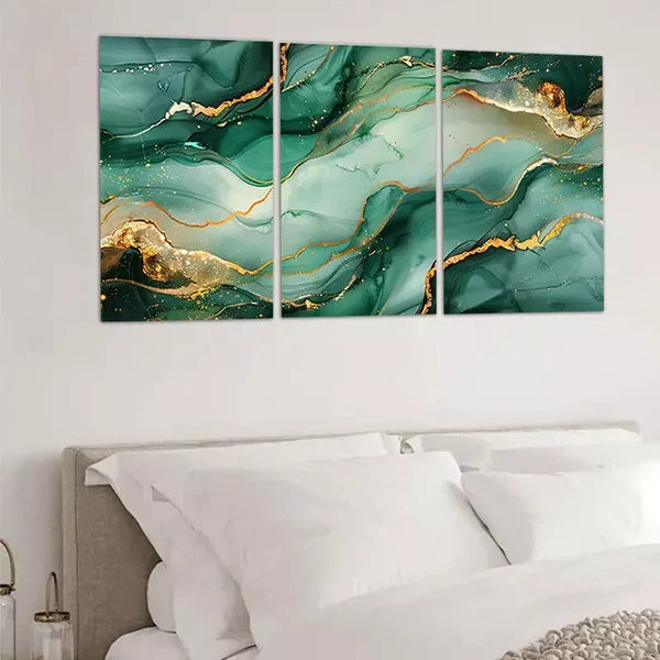 3pcs Green & Gold Abstract Design Canvas Framed 50x70cm- High Quality Print 100% Australian Made Wall Canvas Ready to Hang