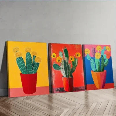 3pcs Cactus Plant Art Print Poster Wall Art Set Canvas Framed 50x70cm - High Quality Print 100% Australian Made Wall Canvas Ready to Hang