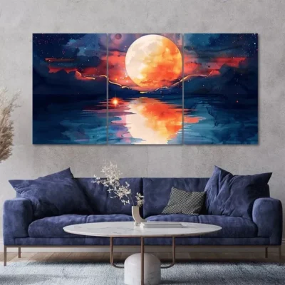 Red Full Moon Rising 3 Piece Painting Style Art Canvas Framed 50x70cm- High Quality Print 100% Australian Made Wall Canvas Ready to Hang