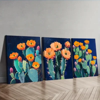 3pcs Night cactus Wall Art Set Canvas Framed 40x60cm - High Quality Print 100% Australian Made Wall Canvas Ready to Hang
