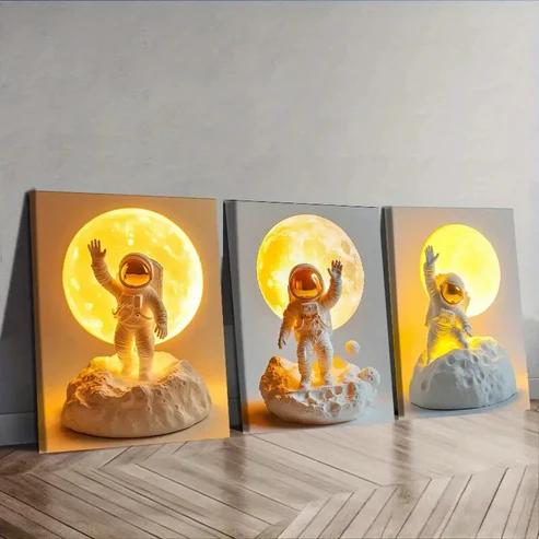 3pcs Toy Astronauts on the Moon Wall Art Set Canvas Framed 40x60cm – High Quality Print 100% Australian Made Wall Canvas Ready to Hang