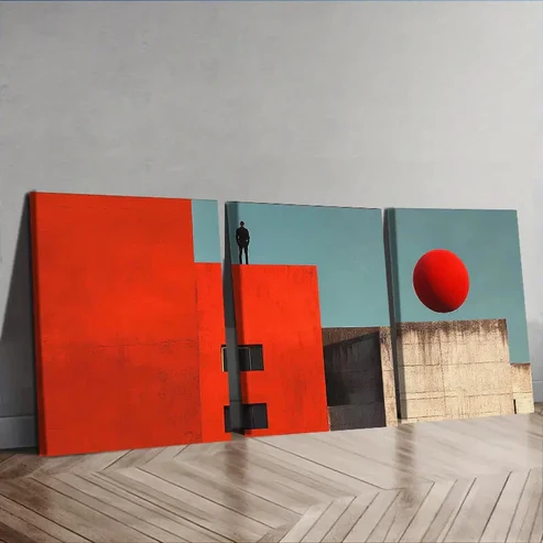 3pcs The red ball on the wall Wall Art Set Canvas Framed 40x60cm – High Quality Print 100% Australian Made Wall Canvas Ready to Hang