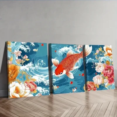 3pcs Two Red and White Carp Wall Art Set Canvas Framed 50x70cm - High Quality Print 100% Australian Made Wall Canvas Ready to Hang