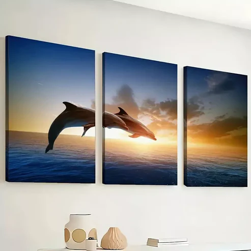 3pcs Featuring Ocean Scenery, Jumping Dolphins Wall Art Set Canvas Framed 40x60cm – High Quality Print 100% Australian Made Wall Canvas Ready to Hang