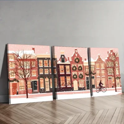 3pcs Winter Holiday Scene with Snowy Rooftops Wall Art Set Canvas Framed 40x60cm - High Quality Print 100% Australian Made Wall Canvas Ready to Hang
