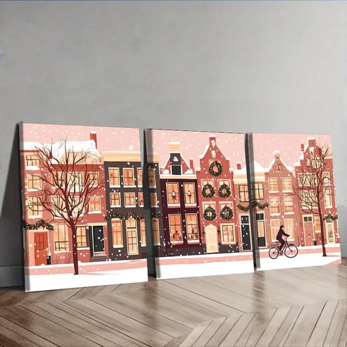 3pcs Winter Holiday Scene with Snowy Rooftops Wall Art Set Canvas Framed 40x60cm – High Quality Print 100% Australian Made Wall Canvas Ready to Hang
