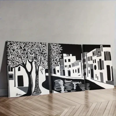 3pcs Ancient city canal Black White Trees Wall Art Canvas Wall Art Set Canvas Framed 50x70cm - High Quality Print 100% Australian Made Wall Canvas Ready to Hang
